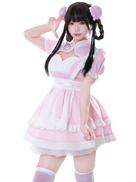 画像2: チャイナ　可愛いメイド服 ミニ丈ワンピース コスチューム 半袖 フリル カチューシャ付き 蝶結び コスプレ衣装 (2)
