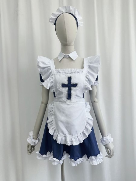 画像11: 十字架　可愛いメイド服 ミニ丈ワンピース コスチューム 半袖 フリル カチューシャ付き 蝶結び コスプレ衣装 (11)