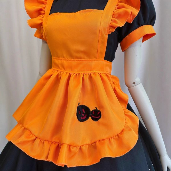 画像3: パンプキン　エプロン付き可愛いメイド服 ミニ丈ワンピース コスチューム 半袖 フリル カチューシャ付き 蝶結び コスプ衣装 (3)