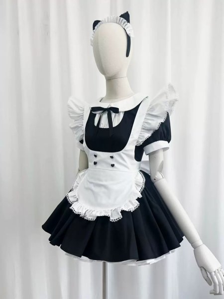 画像5: フリル　エプロン付き可愛いメイド服 ミニ丈ワンピース コスチューム 半袖 フリル カチューシャ付き 蝶結び コスプレ衣装 (5)