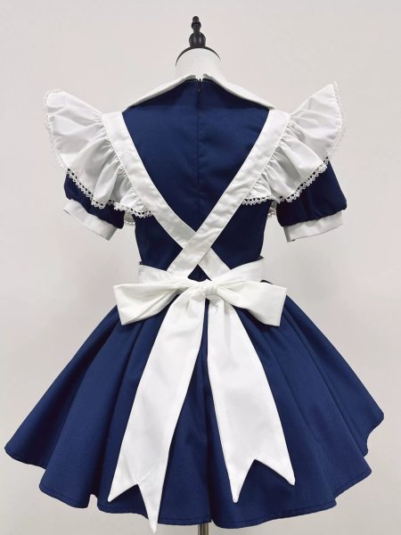 画像6: エプロン付き可愛いメイド服 ミニ丈ワンピース コスチューム 半袖 フリル カチューシャ付き 蝶結び コスプ衣装 (6)
