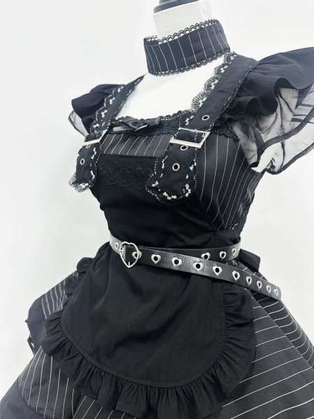 画像7: 黒のシックなエプロン付き可愛いメイド服 ミニ丈ワンピース コスチューム 半袖 フリル カチューシャ付き 蝶結び コスプレ衣装 (7)