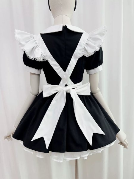 画像2: フリル　エプロン付き可愛いメイド服 ミニ丈ワンピース コスチューム 半袖 フリル カチューシャ付き 蝶結び コスプレ衣装 (2)