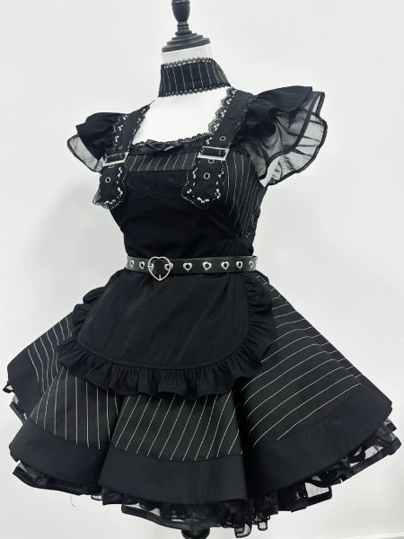 画像1: 黒のシックなエプロン付き可愛いメイド服 ミニ丈ワンピース コスチューム 半袖 フリル カチューシャ付き 蝶結び コスプレ衣装 (1)