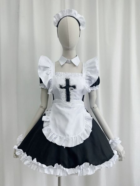 画像5: 十字架　可愛いメイド服 ミニ丈ワンピース コスチューム 半袖 フリル カチューシャ付き 蝶結び コスプレ衣装 (5)
