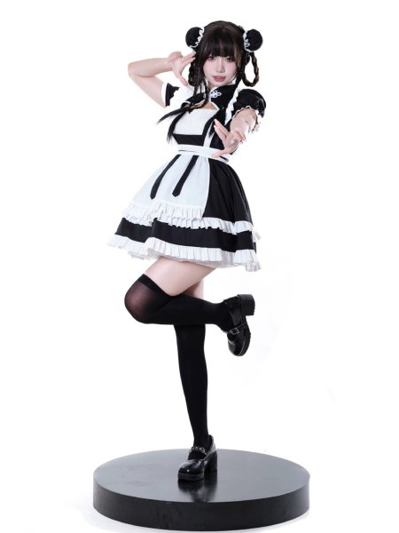 画像4: チャイナ　可愛いメイド服 ミニ丈ワンピース コスチューム 半袖 フリル カチューシャ付き 蝶結び コスプレ衣装 (4)