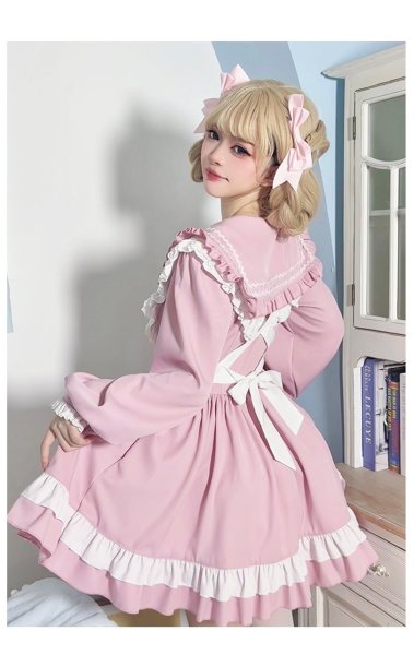 画像8: レトロなセーラー服風可愛いメイド服 ミニ丈ワンピース コスチューム 半袖 フリル カチューシャ付き 蝶結び コスプレ衣装 (8)