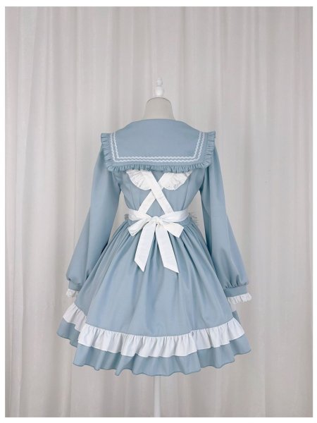 画像6: レトロなセーラー服風可愛いメイド服 ミニ丈ワンピース コスチューム 半袖 フリル カチューシャ付き 蝶結び コスプレ衣装 (6)