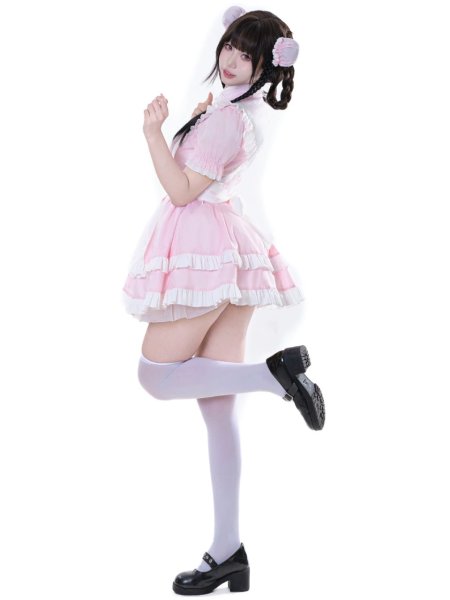 画像3: チャイナ　可愛いメイド服 ミニ丈ワンピース コスチューム 半袖 フリル カチューシャ付き 蝶結び コスプレ衣装 (3)