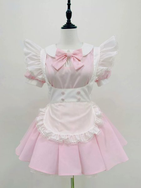 画像3: エプロン付き可愛いメイド服 ミニ丈ワンピース コスチューム 半袖 フリル カチューシャ付き 蝶結び コスプ衣装 (3)