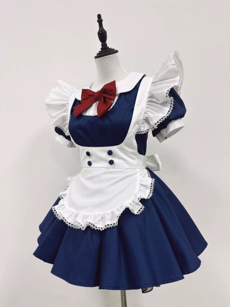画像4: エプロン付き可愛いメイド服 ミニ丈ワンピース コスチューム 半袖 フリル カチューシャ付き 蝶結び コスプ衣装 (4)