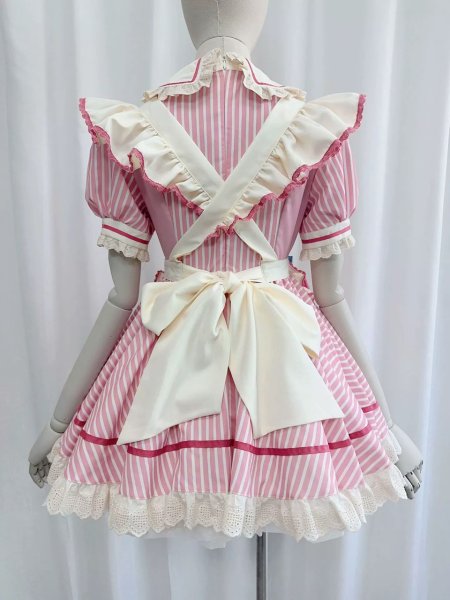 画像3: ピンクストライプの可愛いメイド服 ミニ丈ワンピース コスチューム 半袖 フリル カチューシャ付き 蝶結び コスプレ衣装 (3)