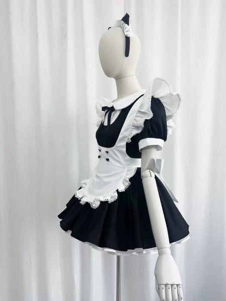 画像4: フリル　エプロン付き可愛いメイド服 ミニ丈ワンピース コスチューム 半袖 フリル カチューシャ付き 蝶結び コスプレ衣装 (4)