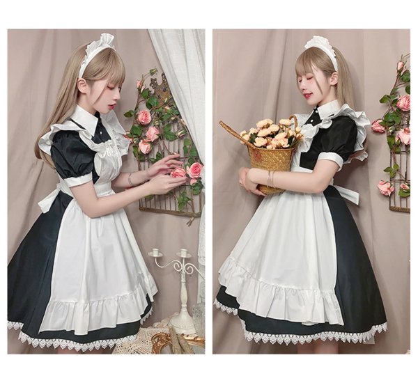 画像3: 英国風　可愛いメイド服 ミニ丈ワンピース コスチューム 半袖 フリル カチューシャ付き 蝶結び コスプレ衣装 (3)
