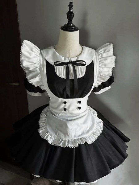 画像3: フリル　エプロン付き可愛いメイド服 ミニ丈ワンピース コスチューム 半袖 フリル カチューシャ付き 蝶結び コスプレ衣装 (3)