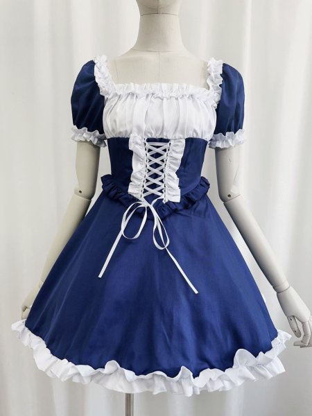 画像10: 十字架　可愛いメイド服 ミニ丈ワンピース コスチューム 半袖 フリル カチューシャ付き 蝶結び コスプレ衣装 (10)