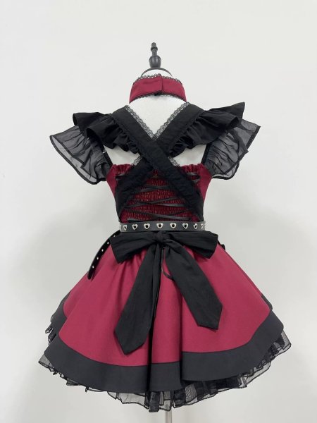 画像3: エンジ色のシックなエプロン付き可愛いメイド服 ミニ丈ワンピース コスチューム 半袖 フリル カチューシャ付き 蝶結び コスプレ衣装 (3)