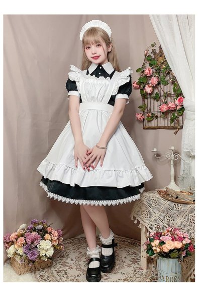 画像1: 英国風　可愛いメイド服 ミニ丈ワンピース コスチューム 半袖 フリル カチューシャ付き 蝶結び コスプレ衣装 (1)