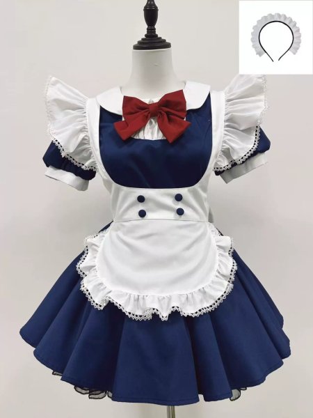 画像1: エプロン付き可愛いメイド服 ミニ丈ワンピース コスチューム 半袖 フリル カチューシャ付き 蝶結び コスプ衣装 (1)
