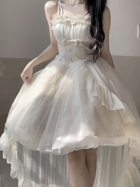 画像4: フランスのプリンセスドレス、夏のロリータドレス、妖精のトレイン、白い月光のスパンコールの誕生日の大人のドレス (4)