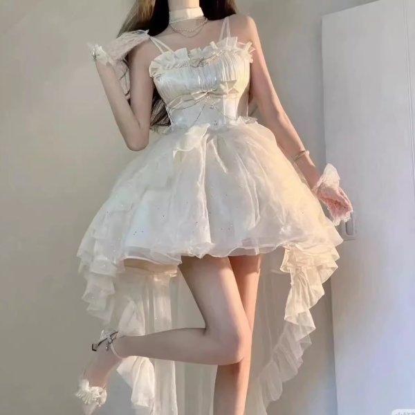 画像1: フランスのプリンセスドレス、夏のロリータドレス、妖精のトレイン、白い月光のスパンコールの誕生日の大人のドレス (1)