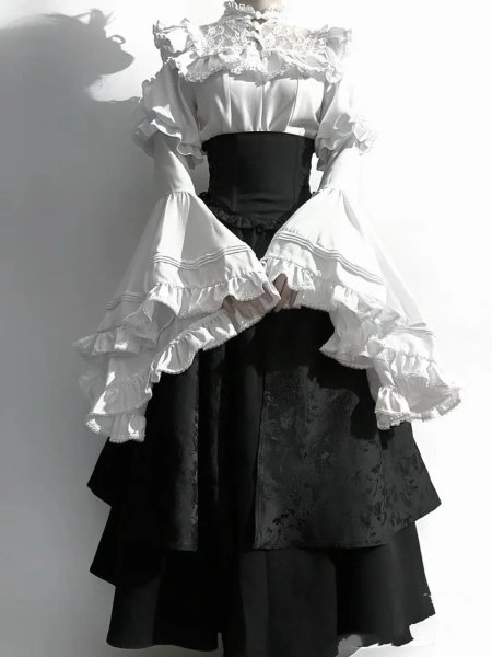 画像5: ロリータ コスチューム ハロウィン ブラウス スカート 上下セット レトロ風 リボン レディース ゴスロリ 暗黒風 長袖 フリル コスプレ 衣装 洋服 日常 仮装 パーティ イベント ステージ 文化祭 学園祭 春夏秋用 ブラック 黒 ホワイト 白 ワインレッド S M L XL (5)